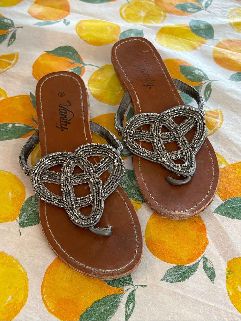 Vanity Brown Leather Sandals with Silver Beaded Knot Accent